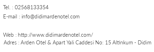 Arden Apart Hotel telefon numaralar, faks, e-mail, posta adresi ve iletiim bilgileri